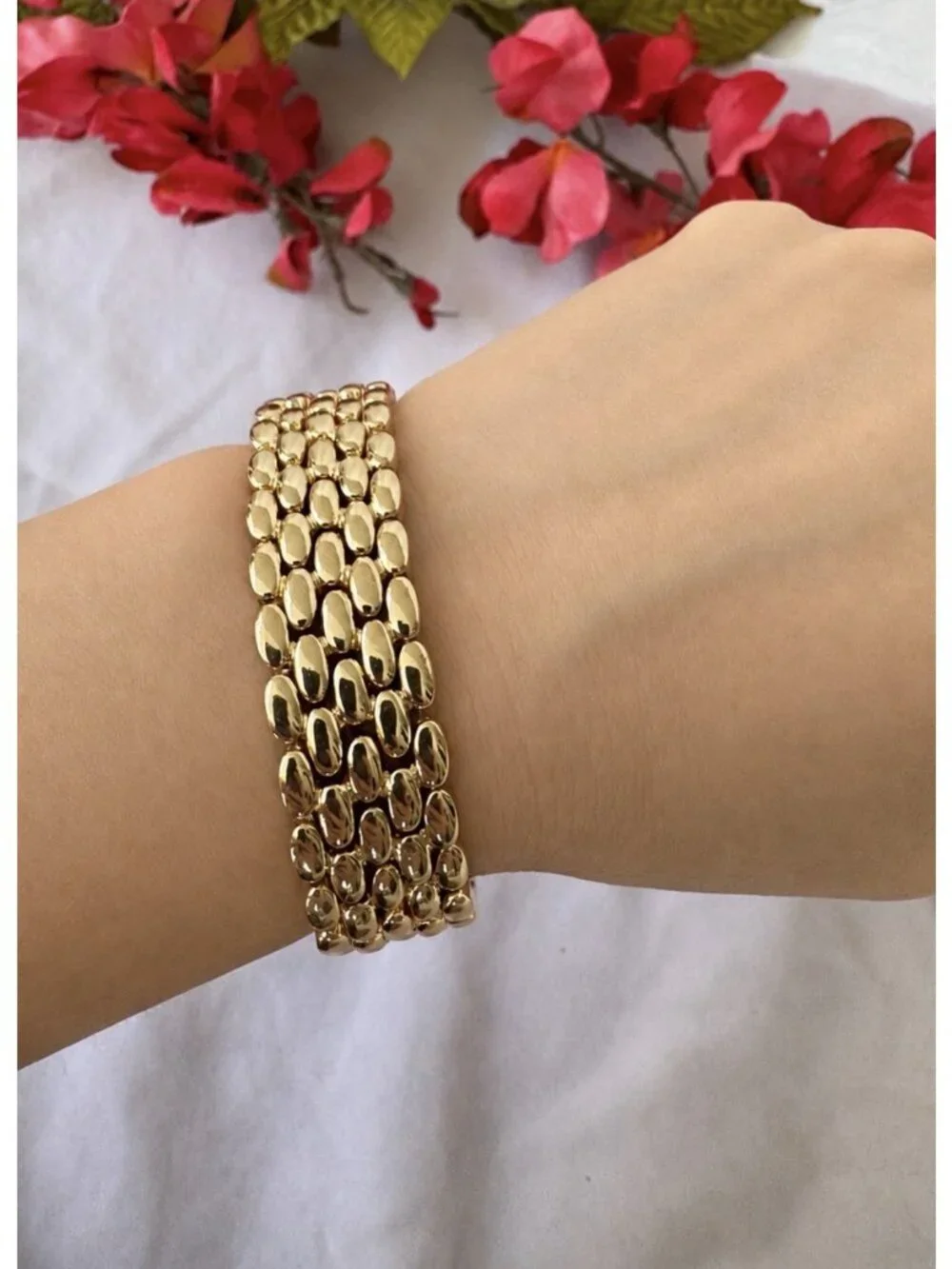 Open Edit Goldtone Rhodium Puffy Watchband Bracelet Stretch Bracelet NEW
